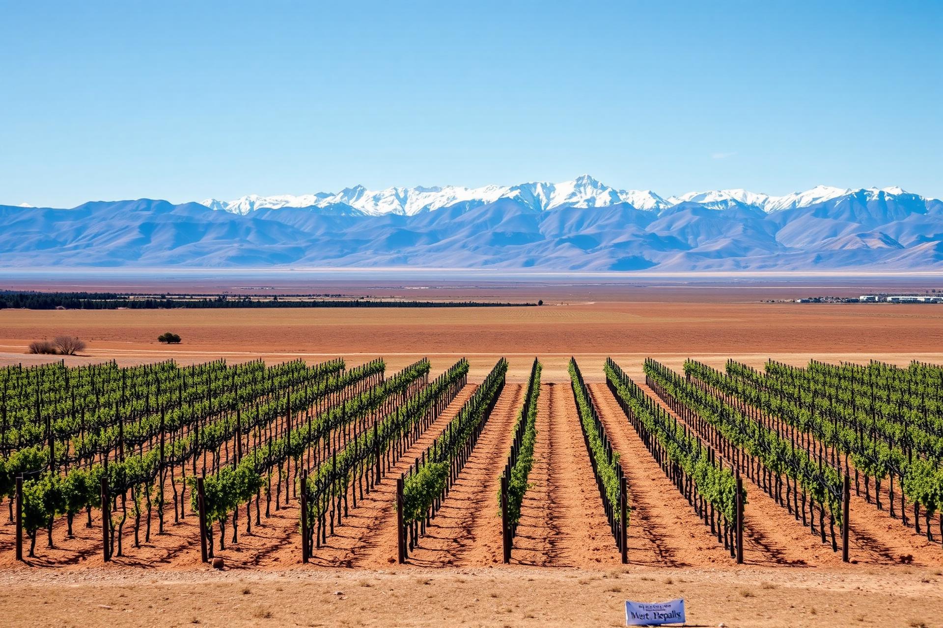 Vi&ntilde;edos patag&oacute;nicos en estepa &aacute;rida con cordillera nevada al fondo, R&iacute;o Negro Argentina