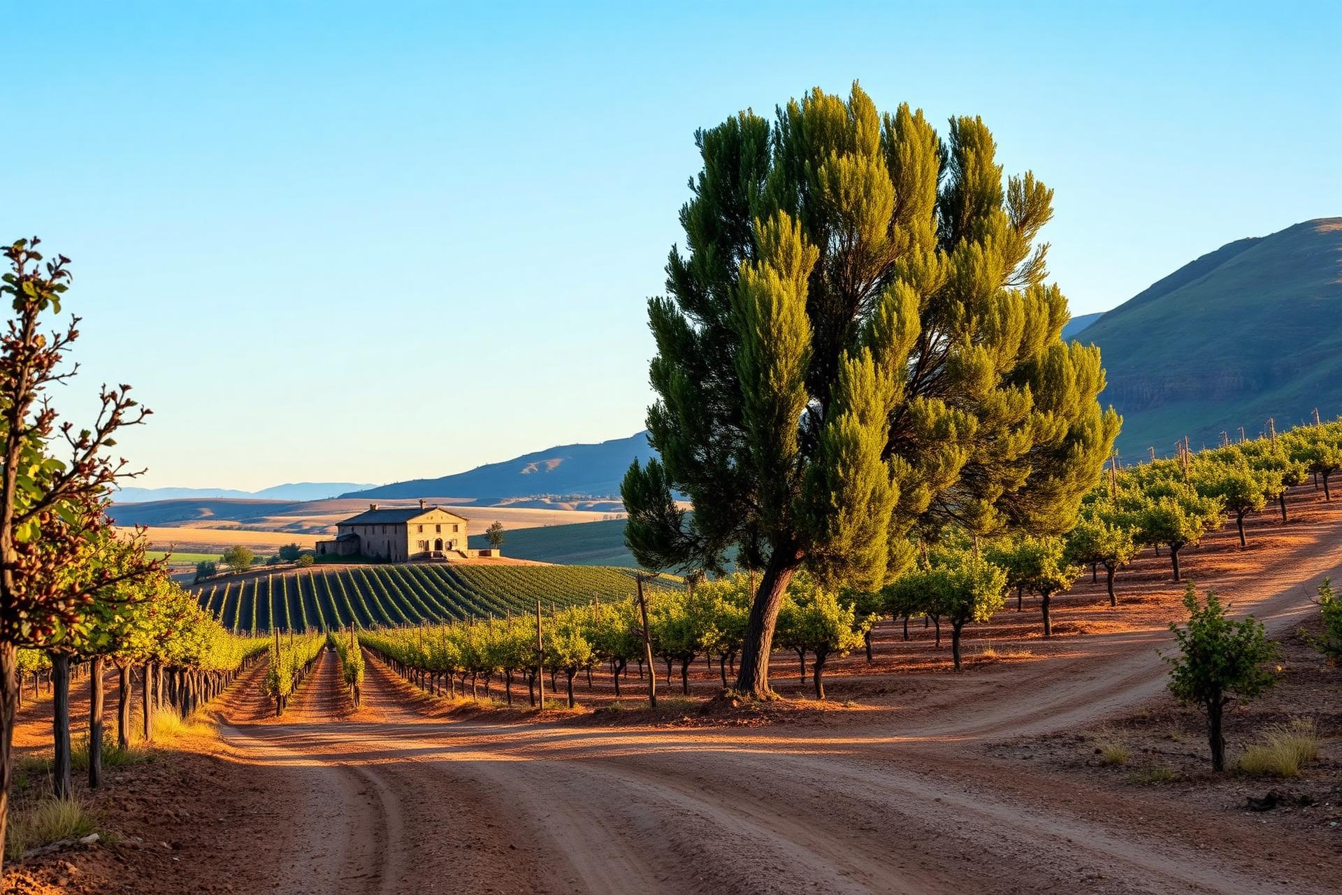 Paisaje de Ribera del Duero con bodega de piedra, camino rural y &aacute;rbol centenario
