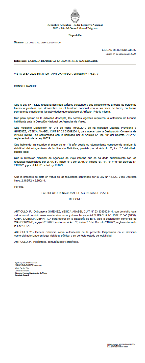 Disposici&oacute;n habilitante del Ministerio de Turismo y Deportes — WanderWine EVT 17621