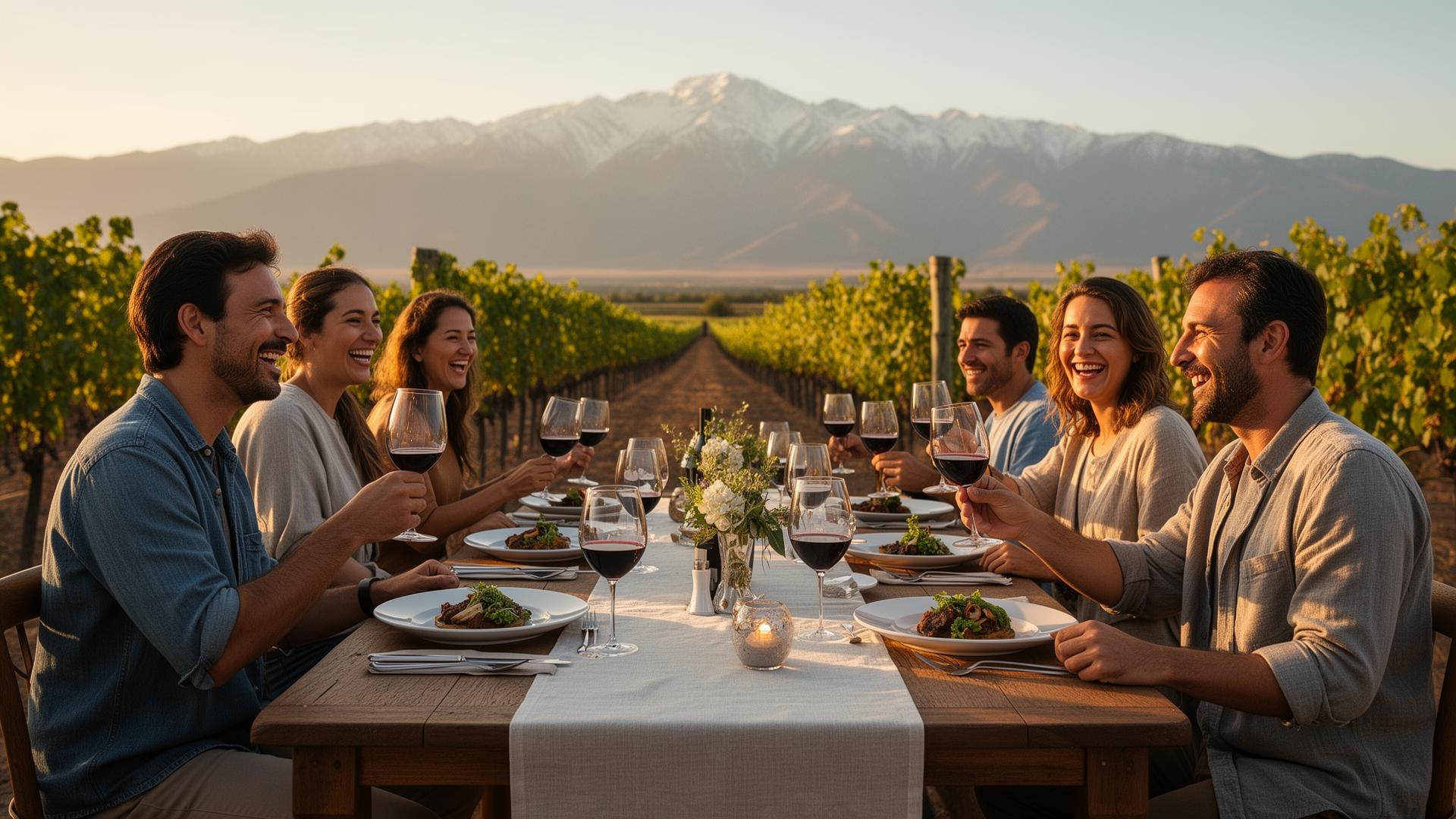 Almuerzo entre vi&ntilde;edos en Mendoza al atardecer con viajeros disfrutando vino y la cordillera de los Andes nevada al fondo