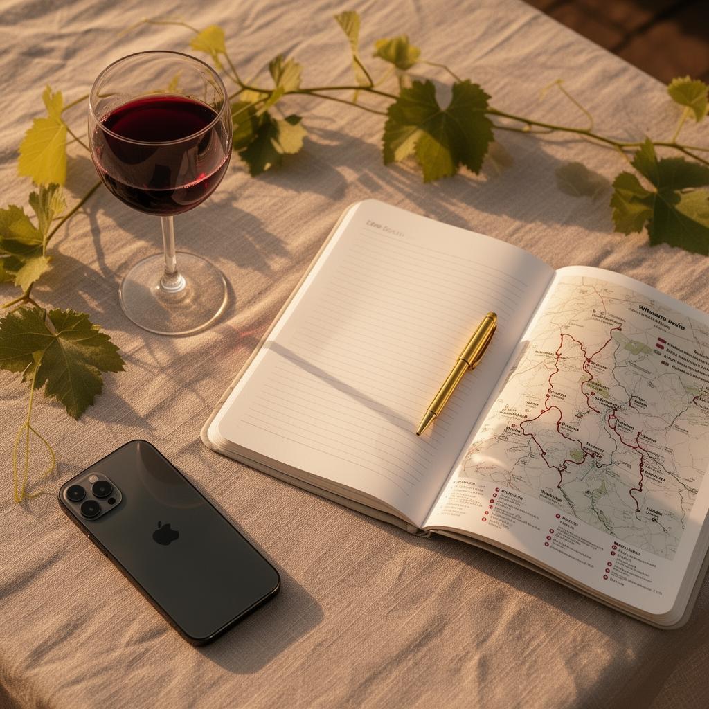 Mesa de planificaci&oacute;n de un viaje del vino con mapa de Mendoza, libreta con notas, copa de tinto y rama de vid
